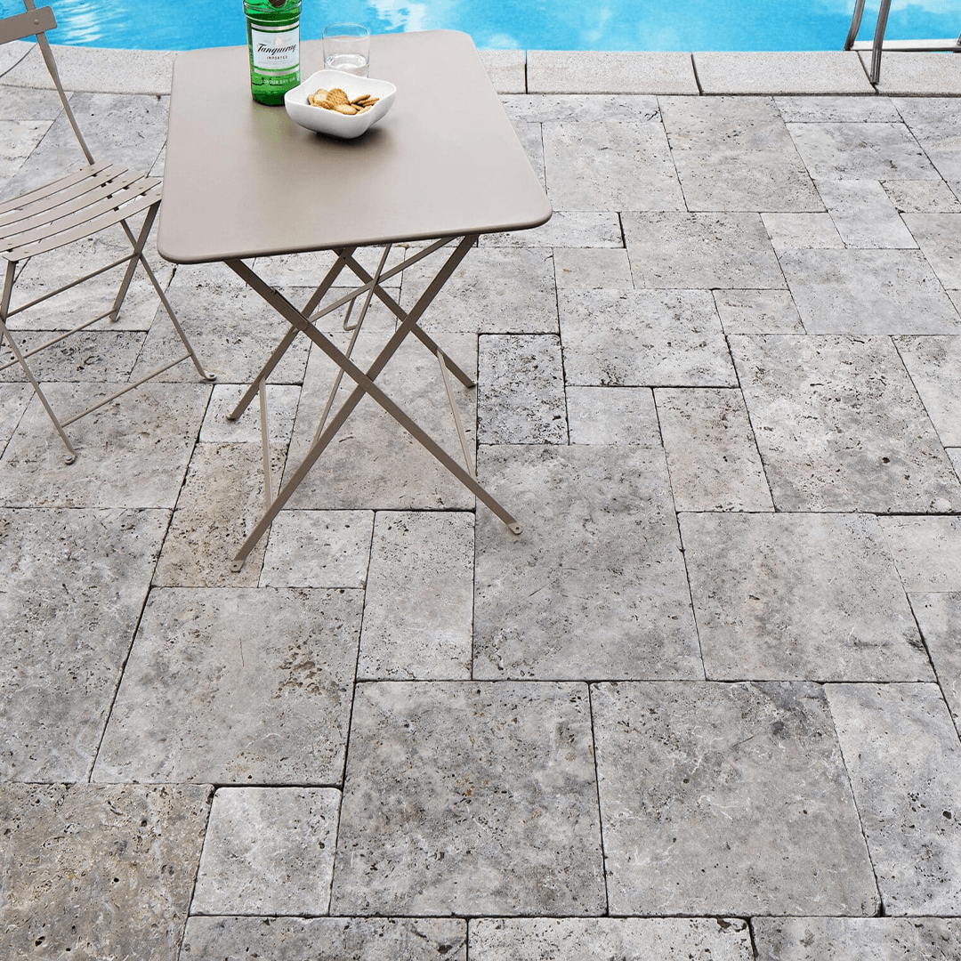 Silver travertin terrastegel kleine roman set 3 cm model a getrommeld Silver travertin terrastegel kleine roman set 3 cm model a getrommeld