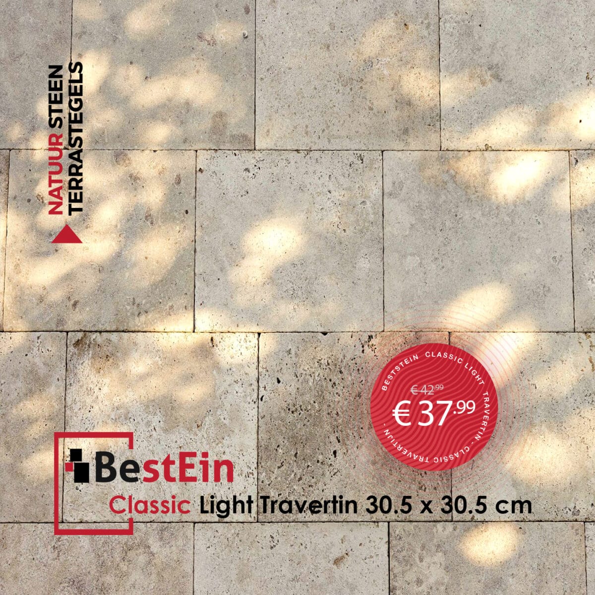 Classic light travertin terrastegel 30. 5 x 30. 5 x 3 cm getrommeld - afbeelding 1